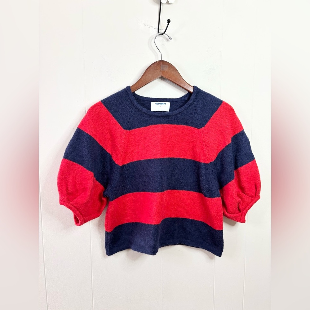 Old Navy SoSoft Cropped Puff-Sleeve Sweater size SM striped red blue - Picture 5 of 9